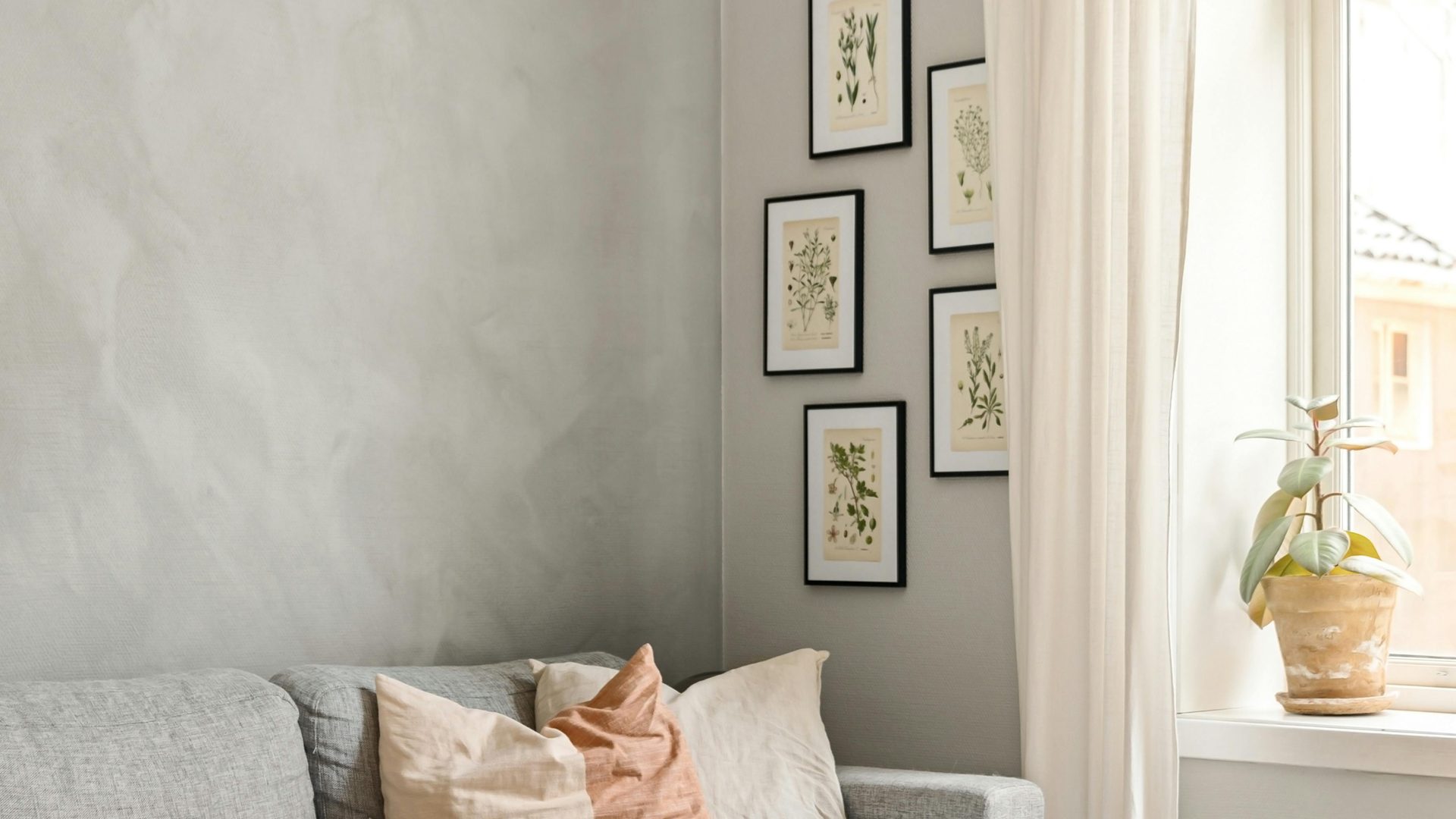 Calm, sunlit living room with framed botanical prints