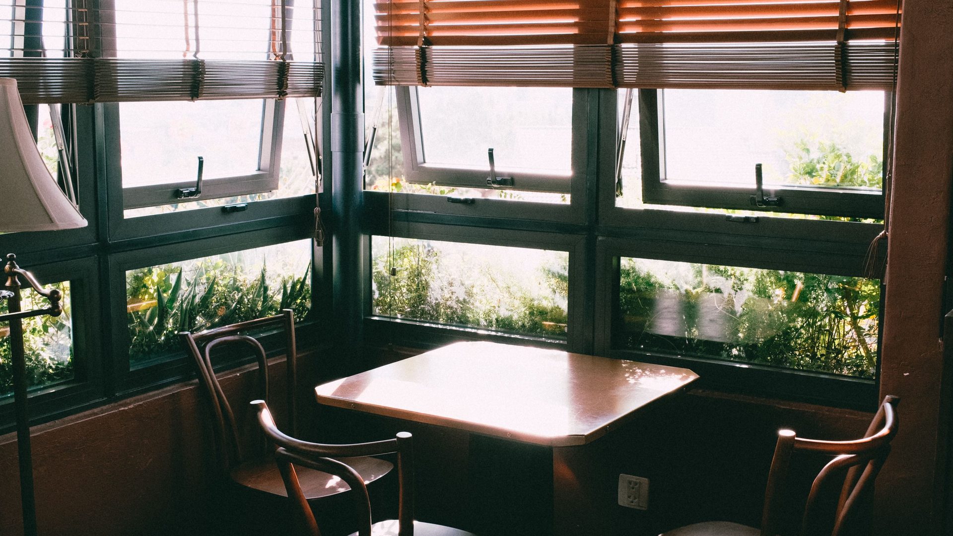 A sunlit corner room with wide windows and green plants outside
